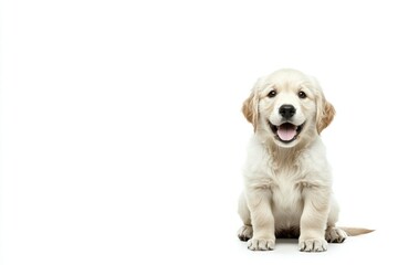 Golden puppy sitting, smiling on white background for animal or pet blog, article, poster