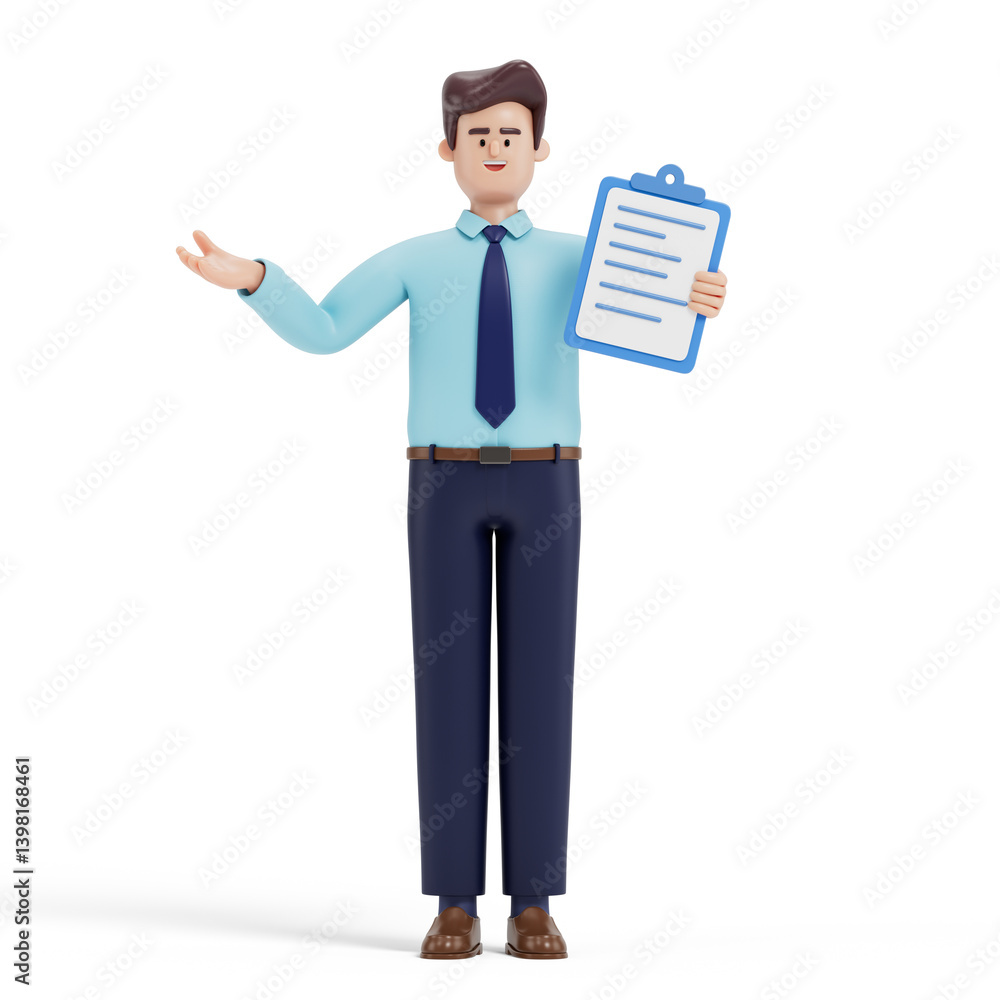 Aufkleber man holding document, gesturing, symbolizes explanation or presentation of information. 3d rendering