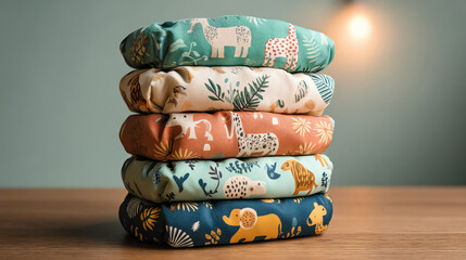 A stylized photo of six colorful cloth diaper covers stacked on a wooden tabletop, each printed with stylized safari animals and lush foliage, using a palette of teal