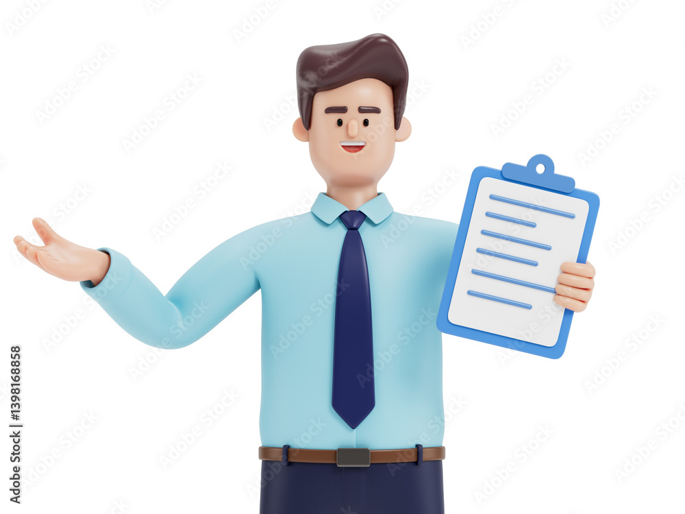 Poster man holding document, gesturing, symbolizes explanation or presentation of information. 3d rendering