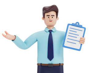 Man holding document, gesturing, symbolizes explanation or presentation of information. 3D rendering, conceptual image. Isolated on white background.