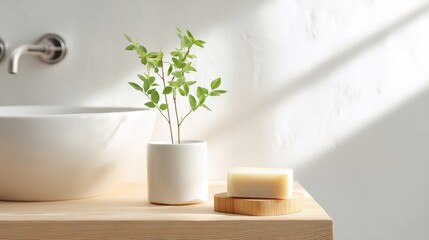 A minimalist bathroom setting featuring a plant, soap, and a sleek sink, illuminated by natural light, creating a serene and refreshing atmosphere.