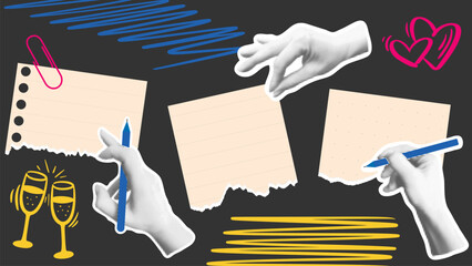 Collage with elements of torn paper and hands in halftone style. Take notes, keep records, leave a message concept. Contemporary horizontal banner in collage style, vector graphics