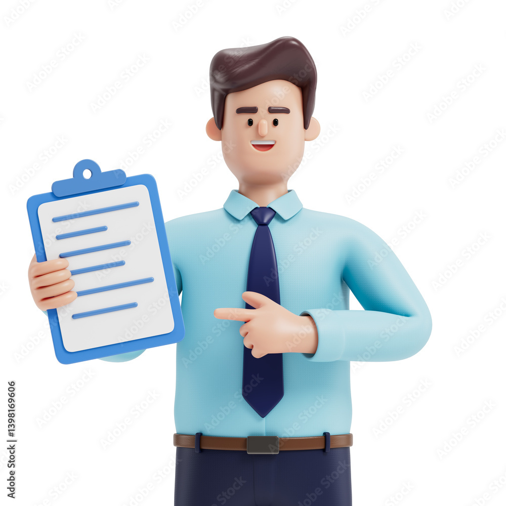 Aufkleber man holding document, gesturing, symbolizes explanation or presentation of information. 3d rendering