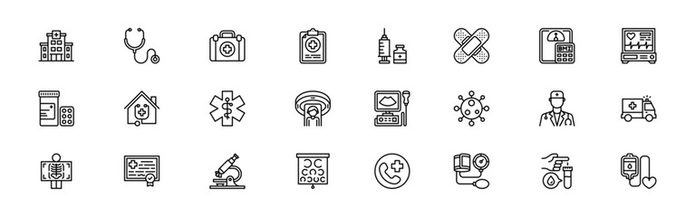 Medical web icons in line style. Healthcare, medicine, lab, MRI, ambulance, first aid. Editable stroke. Vector illustration.