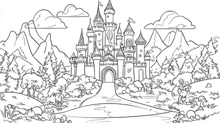 Naklejka premium A detailed line drawing of a castle set in a scenic landscape, surrounded by trees and mountains, evoking a fairytale atmosphere.