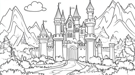 Obraz premium A detailed line drawing of a castle set in a scenic landscape, surrounded by trees and mountains, evoking a fairytale atmosphere.