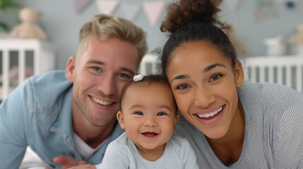A joyful mixed-race family enjoying morning time in bed with baby girl