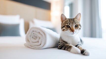 A cozy cat rests beside a neatly rolled towel on a hotel bed, creating a warm and inviting atmosphere.
