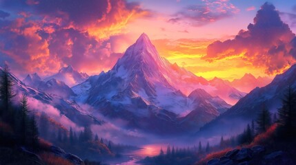Majestic mountain peak under a vibrant sunset sky