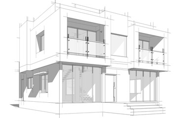 Architectural sketch of modern building 3d rendering
