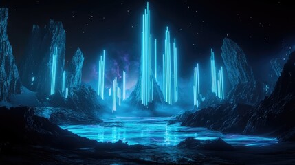 Abstract digital landscape with vertical blue and red lines