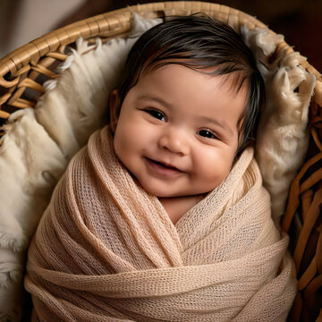 Smiling Hispanic newborn wrapped in swaddle in a cozy cradle, Reci&eacute;n nacido hispano sonriendo envuelto en una manta en una cuna acogedora, Generated Image
