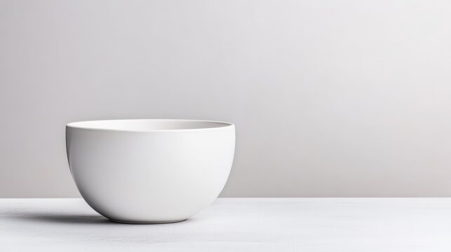 A minimalist white ceramic bowl placed on a clean white surface, simple and elegant composition against a soft grey background, and studio shot.