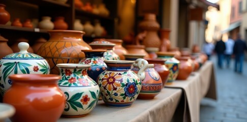 Fototapeta premium Traditional Tuscan pottery for sale at a market stall in Florence, Tuscan, Florence, ceramics