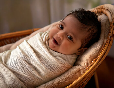 Smiling Hispanic newborn wrapped in swaddle in a cozy cradle, Reci&eacute;n nacido hispano sonriendo envuelto en una manta en una cuna acogedora, Generated Image