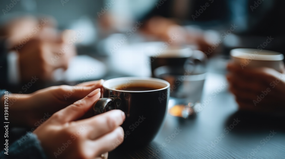 Poster hands holding coffee cups during workplace meeting, creating warm and collaborative atmosphere. scen