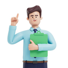 Man with green folder, pointing upwards, symbolizes new ideas or initiatives. 3D rendering, conceptual image. Isolated on white background.