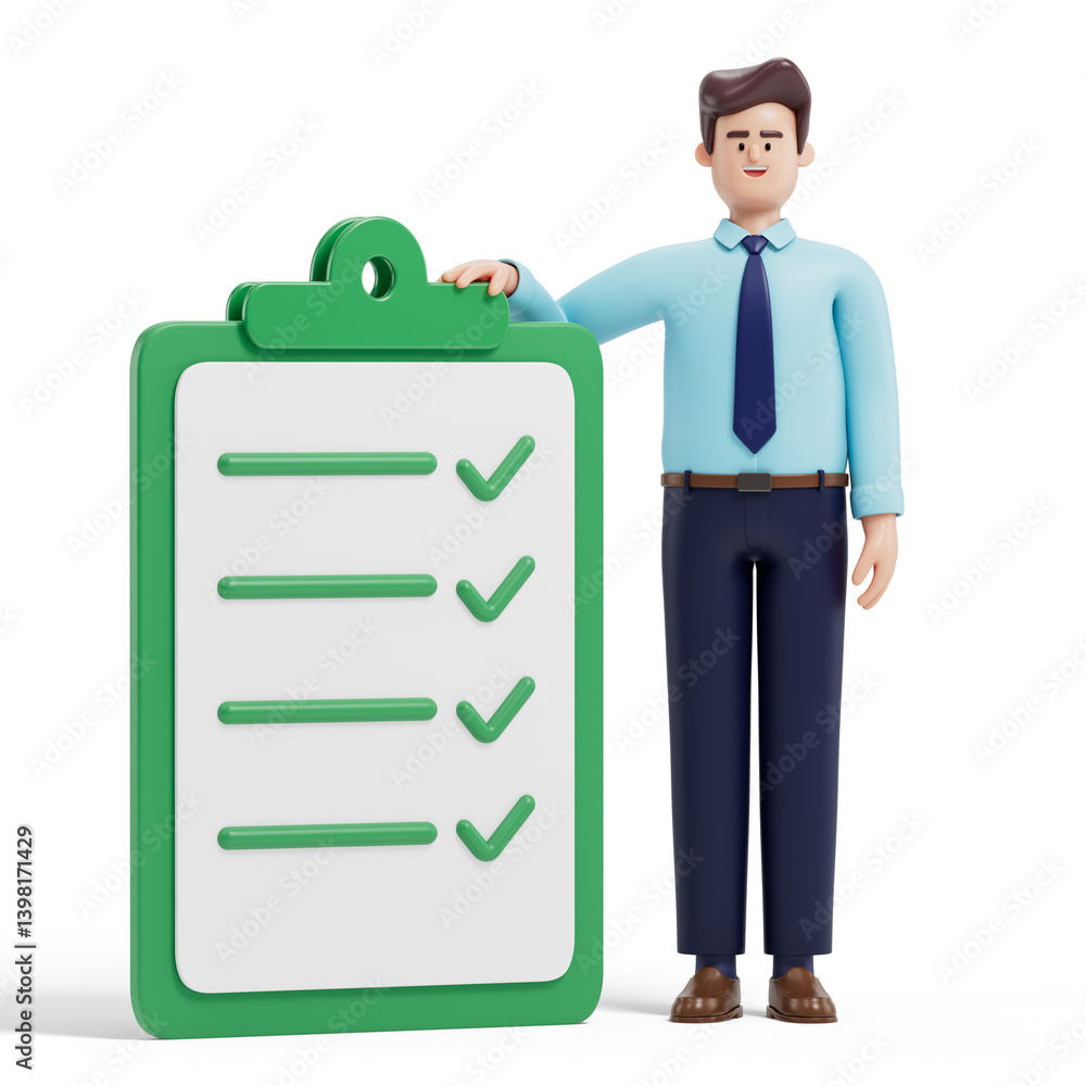Poster man presenting checklist with ticks, symbolizing completion of tasks or goals. 3d rendering, concept