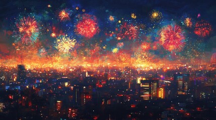colorful cityscape at night with illuminated buildings and dazzling fireworks lighting up the sky