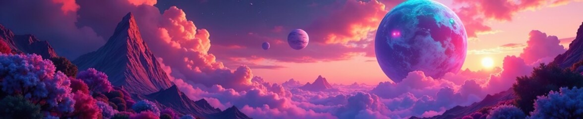 Fototapeta premium Vibrant and surreal depiction of planets embedded in fantastical landscapes bursting with color and wonder, otherworldly, surreal