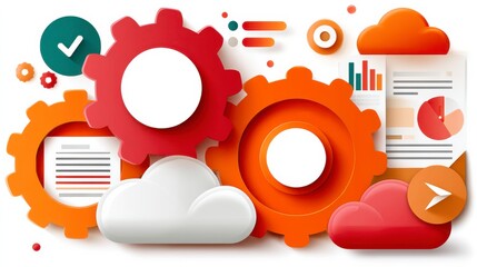 Colorful Digital Gears and Graphs Representing Business Strategy and Data Analysis