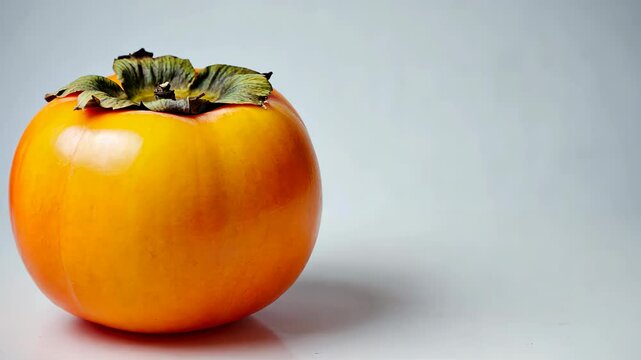 Close-up still life showcases an orange persimmon fruit against a soft, neutral backdrop, emphasizing its vibrant color and unique form.