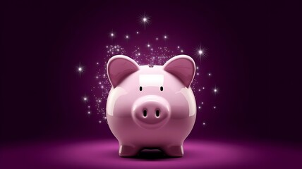 Piggy Bank Surrounded by Sparkling Stars on Dark Purple Background, Symbolizing Financial Wishes, Goals, and Magical Prosperity for Future Planning