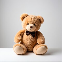Obraz premium Elegant teddy bear with bow tie, showcasing a timeless charm against a neutral background, perfect for children and collectors.