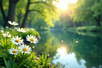 Tranquil spring landscape with white daisies by calm water, landscape, calm, peaceful