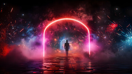 Abstract Futuristic Scene With Neon Lights And Silhouette Figure