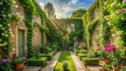 Serene Courtyard Garden Sunbeams Illuminate Lush Greenery, Vibrant Blooms, and Stone Walls, Creating a Tranquil and Picturesque Oasis