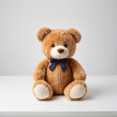 Obraz premium A Plush Companion: A cute teddy bear sits attentively, adorned with a polka-dot bow tie, radiating warmth and innocent charm.