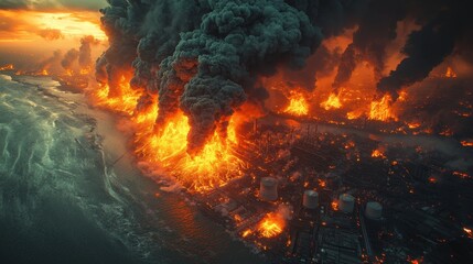 Aerial View of Volcanic Eruption: Majestic Magma Flowing from Fiery Crater Surrounded by Billowing Smoke in a Stunning Sunset Over Urban Landscape