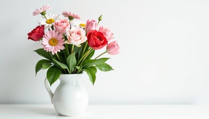 Fototapeta premium White ceramic vase with assorted flowers including roses, tulips, and daisies on a pristine white background, hyperrealistic 4K resolution, 4K, daisies
