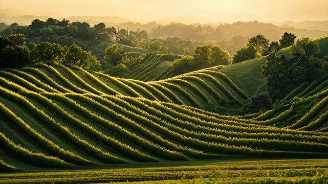 Sunlit rolling hills, terraced vineyards, lush greenery