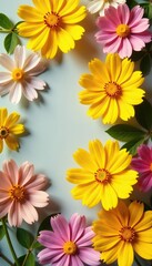Yellow cosmos flowers arranged in a flat lay postcard style, showcasing the vibrant local flora of Asia,  botanical,  creative