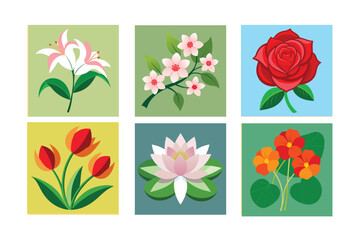 6-bundle vector illustration of popular Flowers Lily, Blossom, Rose, Tulip, Water lily, Nasturtium.