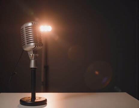 Vintage microphone on a sleek black table, illuminated by soft warm light in a studio setting