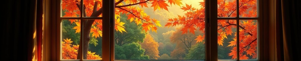 Vibrant autumn foliage seen through window frame,  foliage,  peaceful