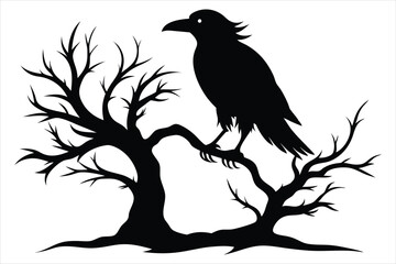 Raven bird silhouette on a dead tree branch