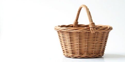 Obraz premium Wicker basket with handle on white background, weave, rustic