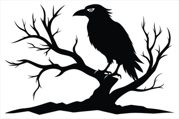 Raven bird silhouette on a dead tree branch