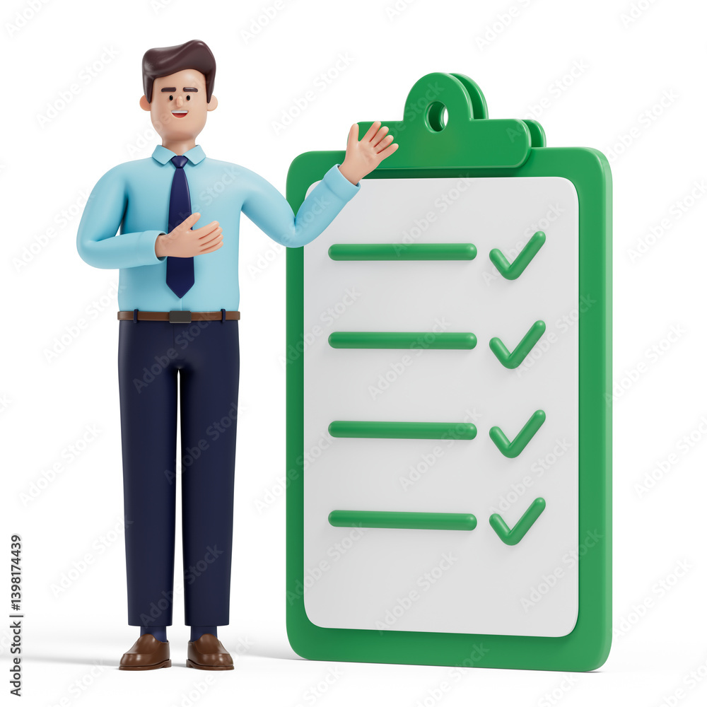 Poster man presenting checklist with ticks, symbolizing completion of tasks or goals. 3d rendering, concept