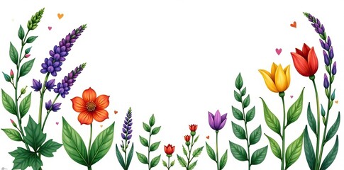 Fototapeta premium Watercolor illustration of herbs, plants, and flowers in vibrant colors, hand-drawn graphic sketches for design use, botanical art, vibrant