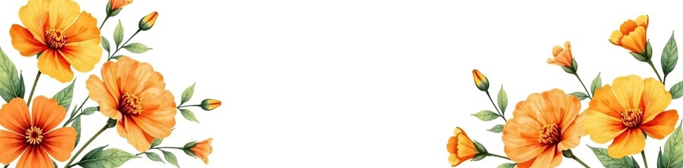 Watercolor illustration of marigold flowers forming a delicate frame on a white background Perfect for birthday cards, invitations, banners, labels, and covers,  flowers,  covers