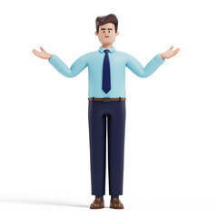 Man with open arms, symbolizing openness, acceptance, or problem-solving. 3D rendering, conceptual image. Isolated on white background.