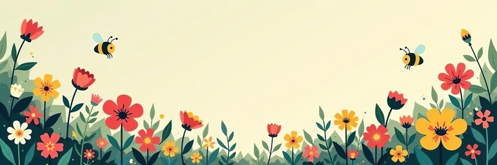 Whimsical enchanted garden with blooming flowers and buzzing bees in vector flat minimalistic style,  whimsical,  minimalistic