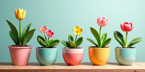 Whimsical potted plants and flowers in vibrant colors for spring designs, greeting cards, and home decor,  fresh,  greeting cards