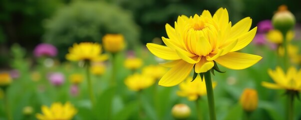 Yellow flowers of Jerusalem artichoke plant blooming in vibrant summer garden,  vibrant,  botanical